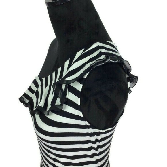 White House Black Market Striped One Shoulder Ruffle Black & White Top - Picture 4 of 8
